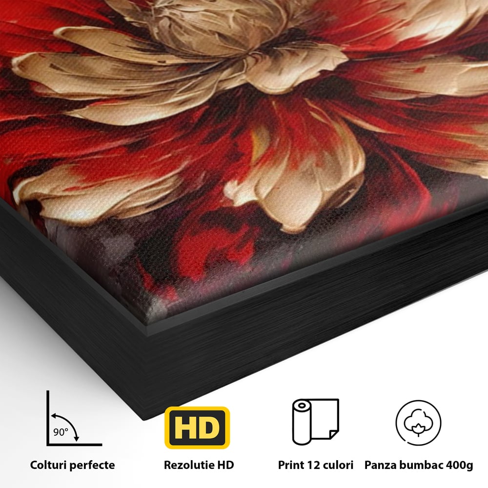 Detaliu al suprafetei: pictura cu o floare rosie si aurie in relief, in rama de aluminiu negru